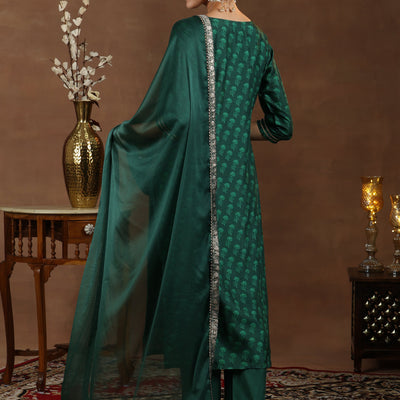 Green Woven Design Silk Blend Straight Suit With Dupatta