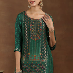 Green Woven Design Silk Blend Straight Suit With Dupatta
