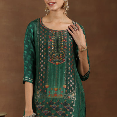 Green Woven Design Silk Blend Straight Suit With Dupatta