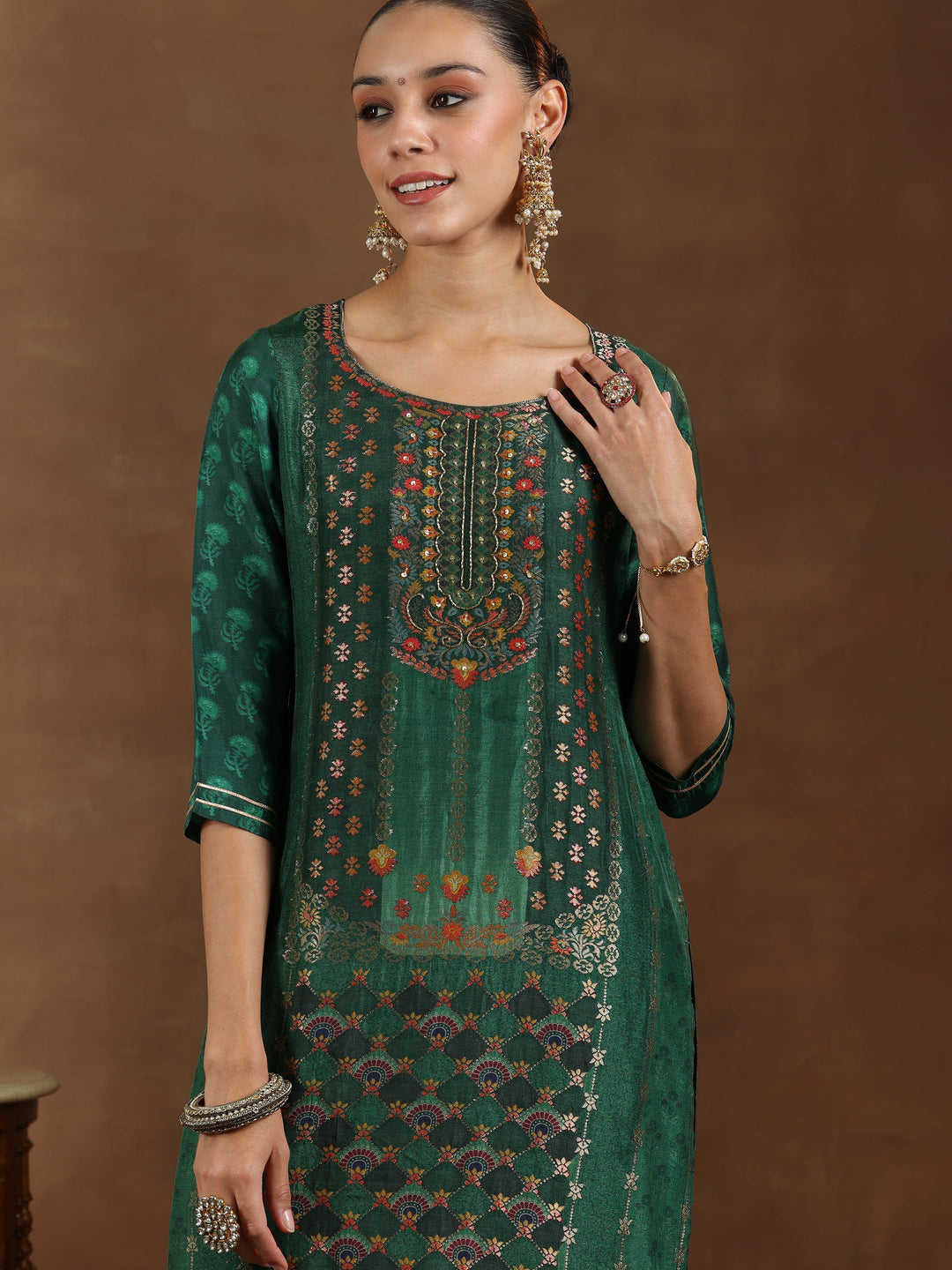 Green Woven Design Silk Blend Straight Suit With Dupatta