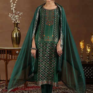 Green Woven Design Silk Blend Straight Suit With Dupatta