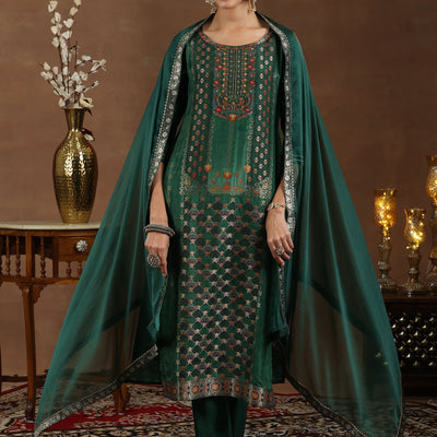 Green Woven Design Silk Blend Straight Suit With Dupatta