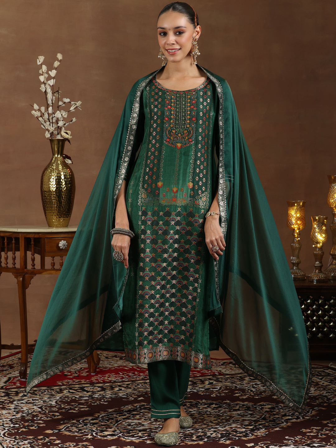 Green Woven Design Silk Blend Straight Suit With Dupatta