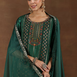 Green Woven Design Silk Blend Straight Suit With Dupatta