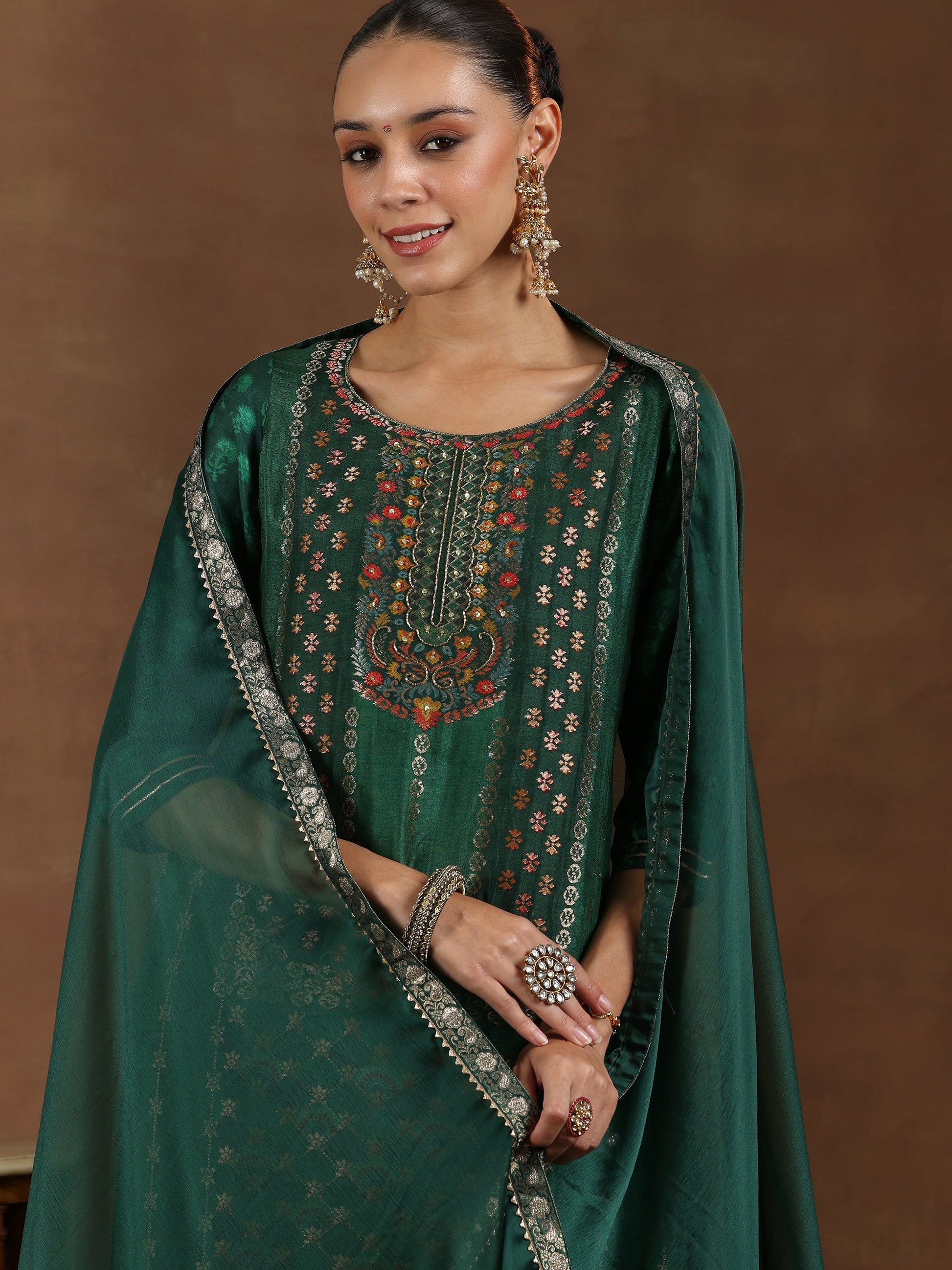 Green Woven Design Silk Blend Straight Suit With Dupatta