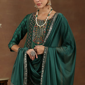 Green Woven Design Silk Blend Straight Suit With Dupatta