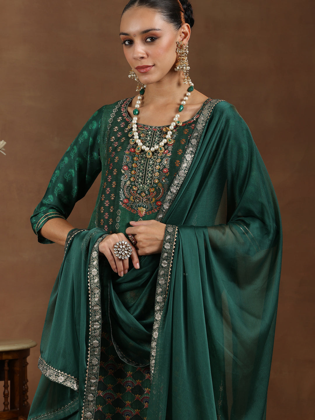 Green Woven Design Silk Blend Straight Suit With Dupatta