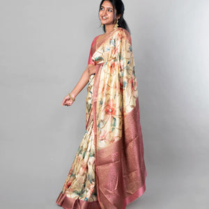 Cream Woven Dola Synthetic Saree With Printed Floral Motifs