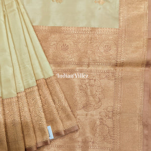 Cream Flower Motif Banarasi Katan Silk Saree