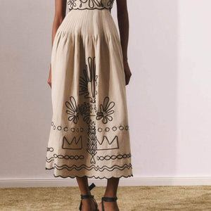Jamie Embroidered Holiday Midi Dress in Beige - Luxe Collection