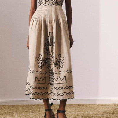 Jamie Embroidered Holiday Midi Dress in Beige - Luxe Collection