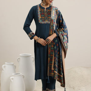 Blue Yoke Design Wool Blend Straight Suit With Dupatta