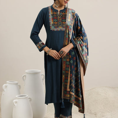 Blue Yoke Design Wool Blend Straight Suit With Dupatta