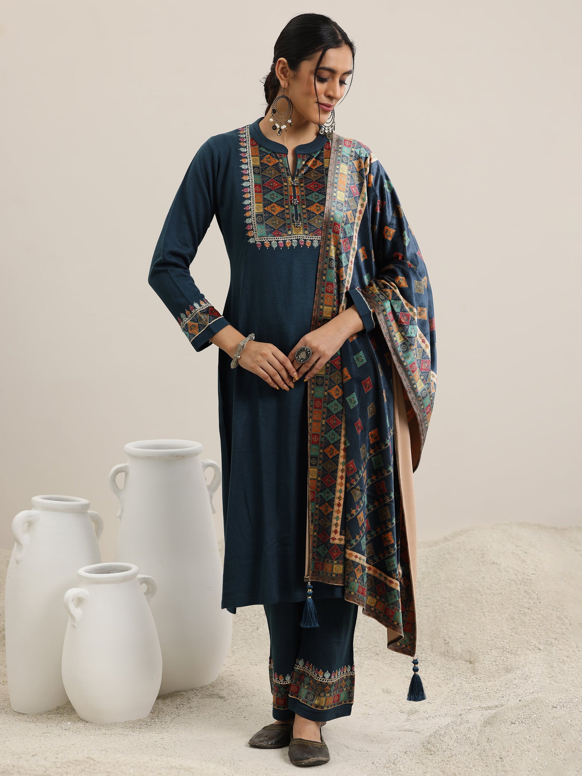 Blue Yoke Design Wool Blend Straight Suit With Dupatta