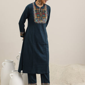 Blue Yoke Design Wool Blend Straight Suit With Dupatta