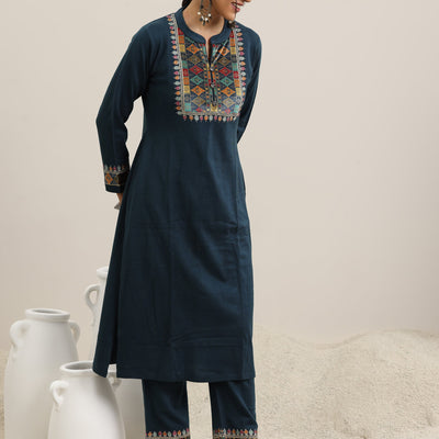 Blue Yoke Design Wool Blend Straight Suit With Dupatta