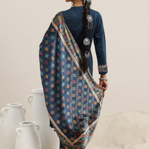 Blue Yoke Design Wool Blend Straight Suit With Dupatta
