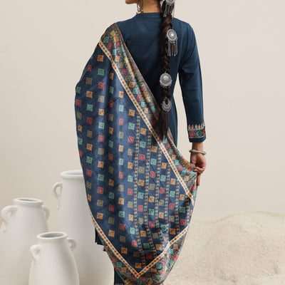 Blue Yoke Design Wool Blend Straight Suit With Dupatta