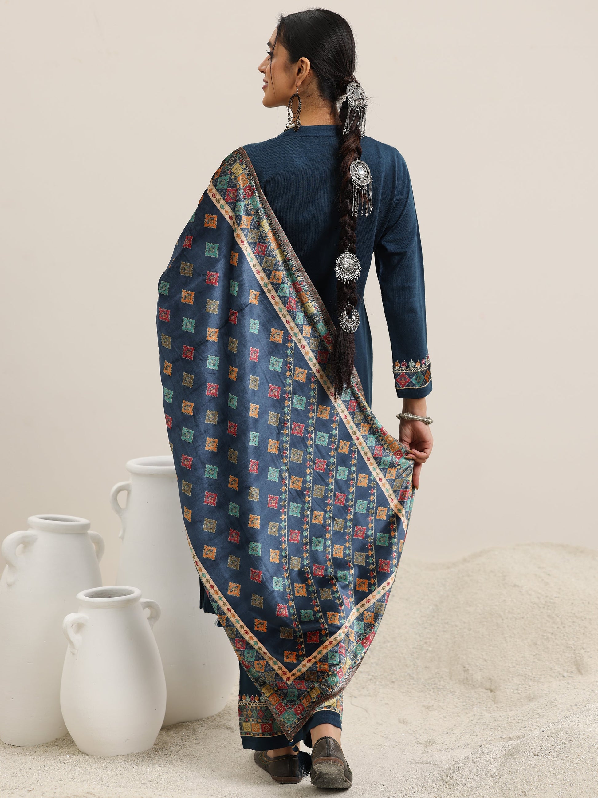 Blue Yoke Design Wool Blend Straight Suit With Dupatta