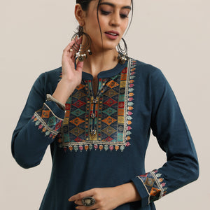 Blue Yoke Design Wool Blend Straight Suit With Dupatta