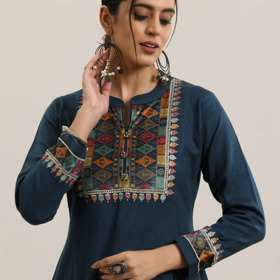 Blue Yoke Design Wool Blend Straight Suit With Dupatta