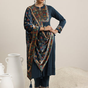 Blue Yoke Design Wool Blend Straight Suit With Dupatta