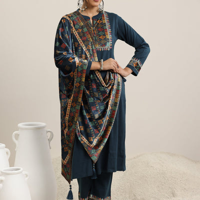 Blue Yoke Design Wool Blend Straight Suit With Dupatta
