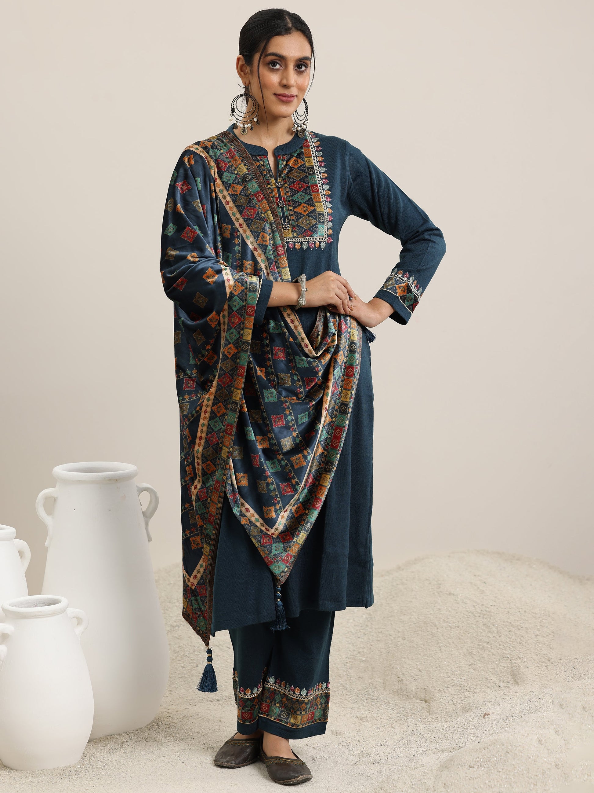 Blue Yoke Design Wool Blend Straight Suit With Dupatta