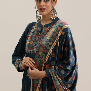 Blue Yoke Design Wool Blend Straight Suit With Dupatta