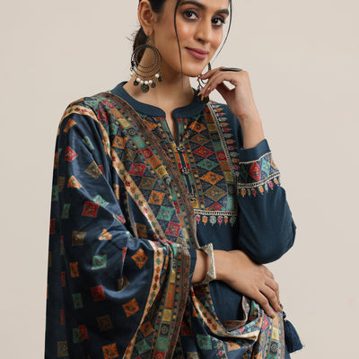 Blue Yoke Design Wool Blend Straight Suit With Dupatta