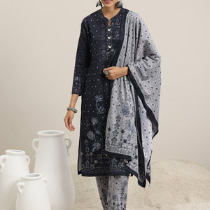 Grey Printed Wool Blend Straight Suit With Dupatta