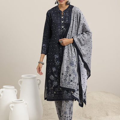 Grey Printed Wool Blend Straight Suit With Dupatta