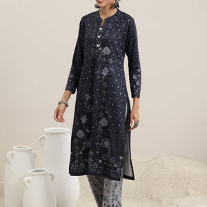 Grey Printed Wool Blend Straight Suit With Dupatta