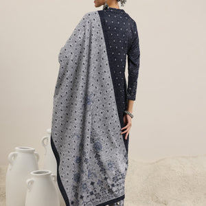 Grey Printed Wool Blend Straight Suit With Dupatta