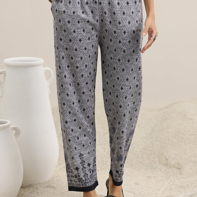 Grey Printed Wool Blend Straight Suit With Dupatta