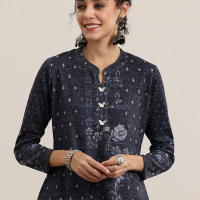 Grey Printed Wool Blend Straight Suit With Dupatta