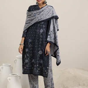 Grey Printed Wool Blend Straight Suit With Dupatta