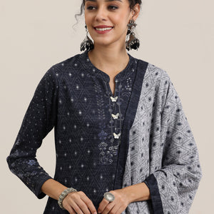 Grey Printed Wool Blend Straight Suit With Dupatta