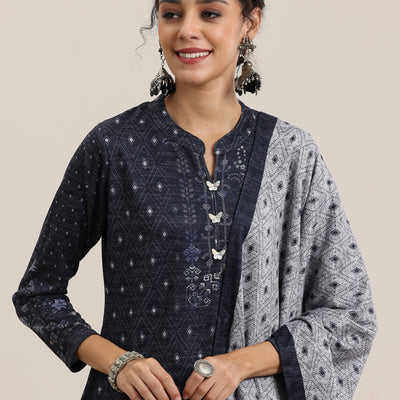 Grey Printed Wool Blend Straight Suit With Dupatta