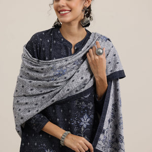 Grey Printed Wool Blend Straight Suit With Dupatta