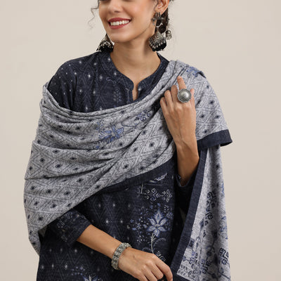 Grey Printed Wool Blend Straight Suit With Dupatta