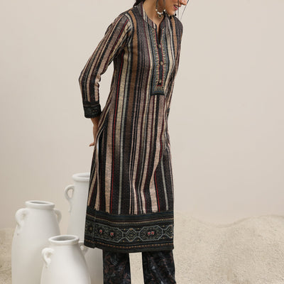 Grey Printed Wool Blend Straight Suit With Dupatta