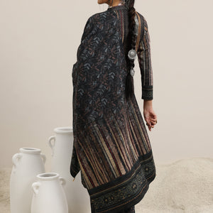 Grey Printed Wool Blend Straight Suit With Dupatta