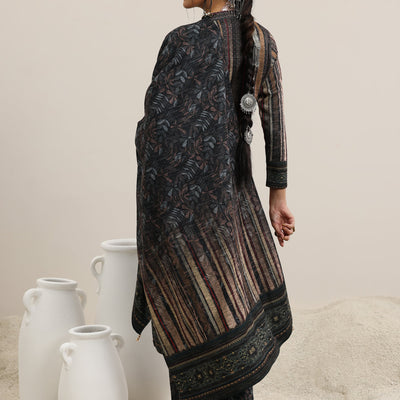 Grey Printed Wool Blend Straight Suit With Dupatta