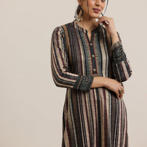 Grey Printed Wool Blend Straight Suit With Dupatta