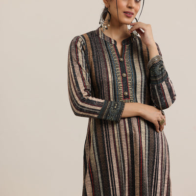Grey Printed Wool Blend Straight Suit With Dupatta