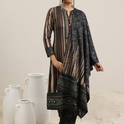 Grey Printed Wool Blend Straight Suit With Dupatta