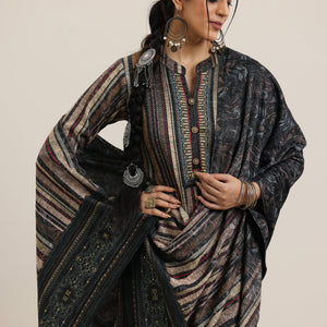 Grey Printed Wool Blend Straight Suit With Dupatta