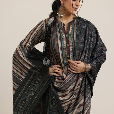 Grey Printed Wool Blend Straight Suit With Dupatta