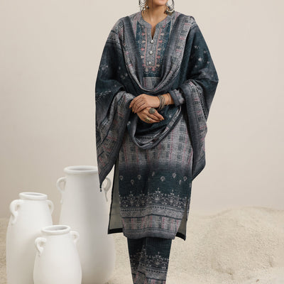 Grey Printed Wool Blend Straight Suit With Dupatta